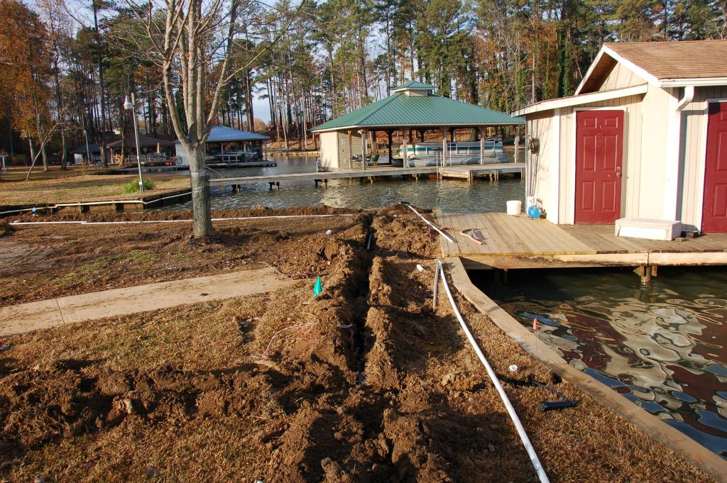 Sprinkler system installation with full-coverage head placement across a Middle Georgia yard