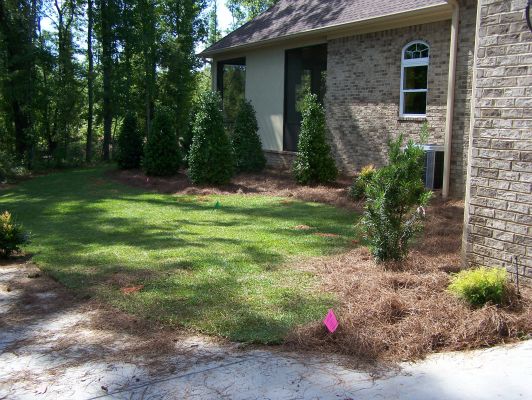 Completed residential landscape project with fresh sod and mulch beds
